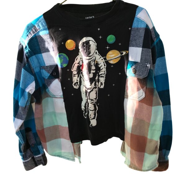 Upcycled Oversized Astronaut Graphic T-Shirt Child’s Size 4-8: Reworked Flannel - Picture 9 of 10